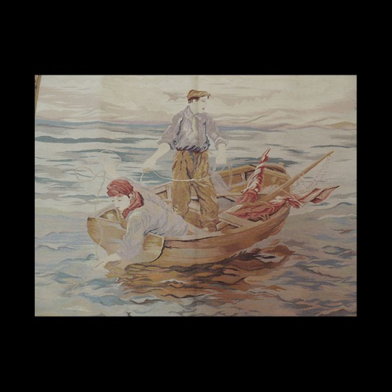 A modern rendition French design Tapestry Fishing Boat scene 3 x 5