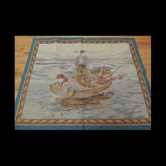 A modern rendition French design Tapestry Fishing Boat scene 3 x 5
