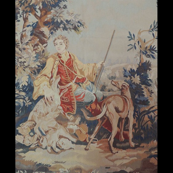 Brilliant French Tapestry Design of a Hunter with his dogs 4 x 6